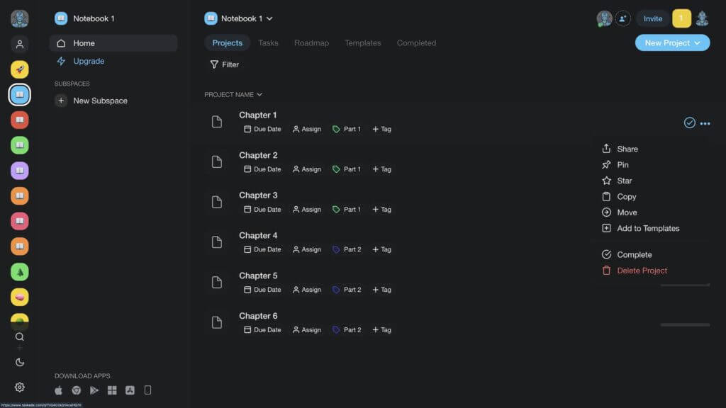 Taskade writing workflow project organization.