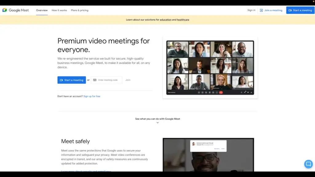 Google Meet user interface screenshot showing video conferencing features.