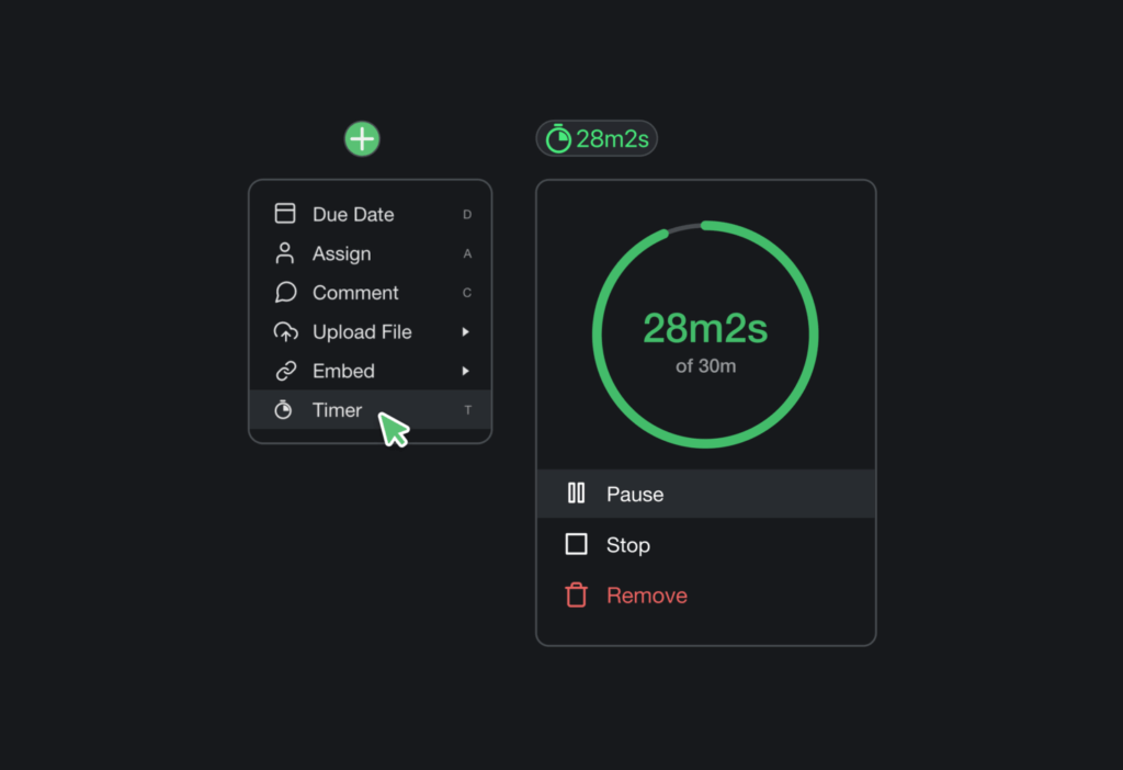 A running Pomodoro timer in Taskade.