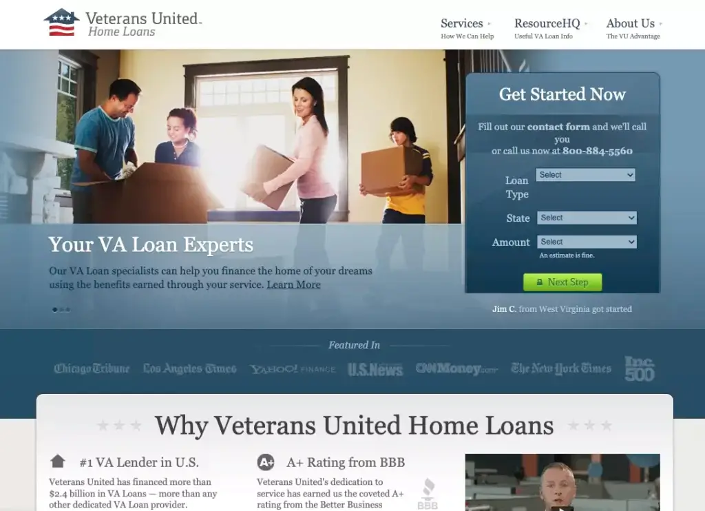 Veterans United Home Loans website in 2011.