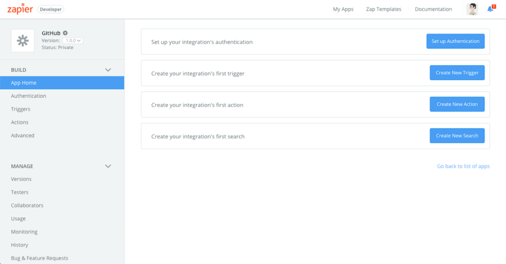 Zapier dashboard with GitHub integration options.