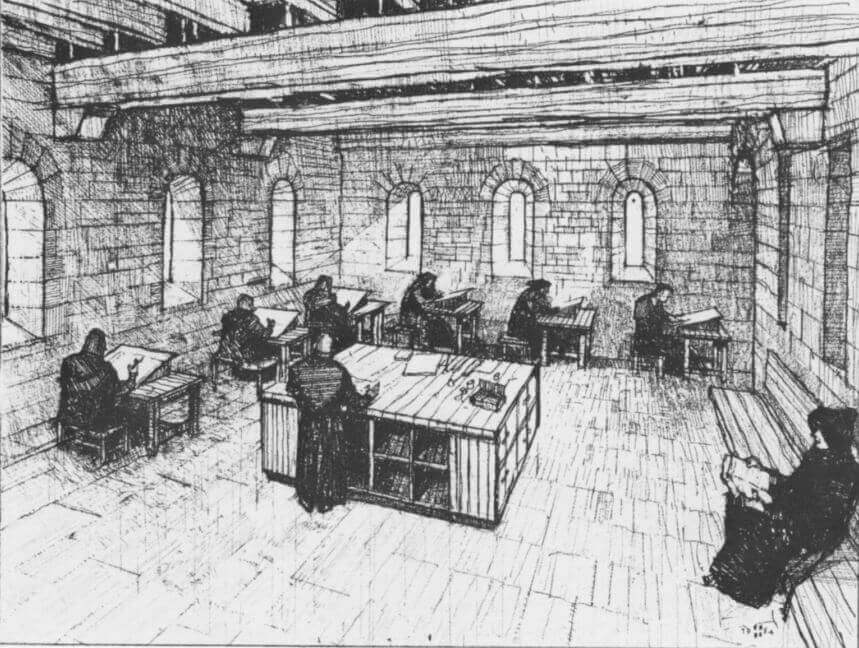 Monks copying books in a scriptorium.