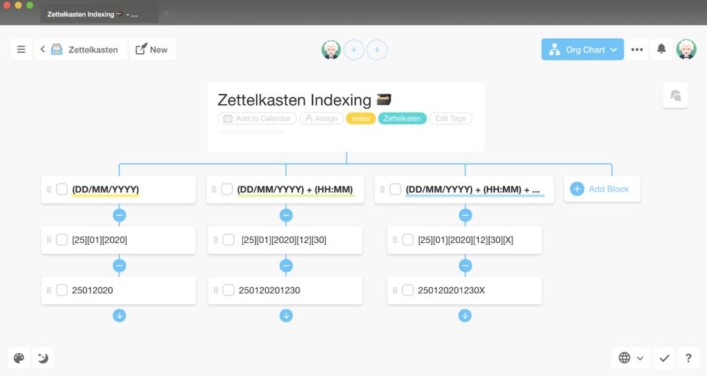 Zettelkasten indexing in Taskade.