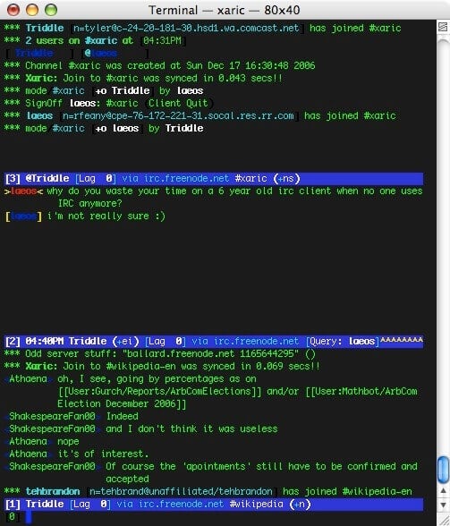 An IRC discussion in a text-based client Xaric.