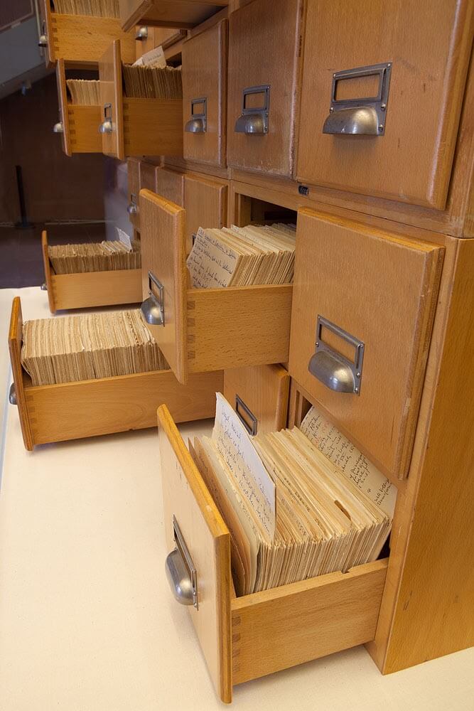 Luhmann’s Zettelkasten cards in drawers.