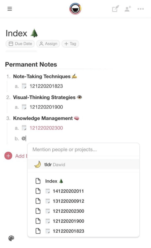 Cross-linking notes with @mention feature in Taskade.