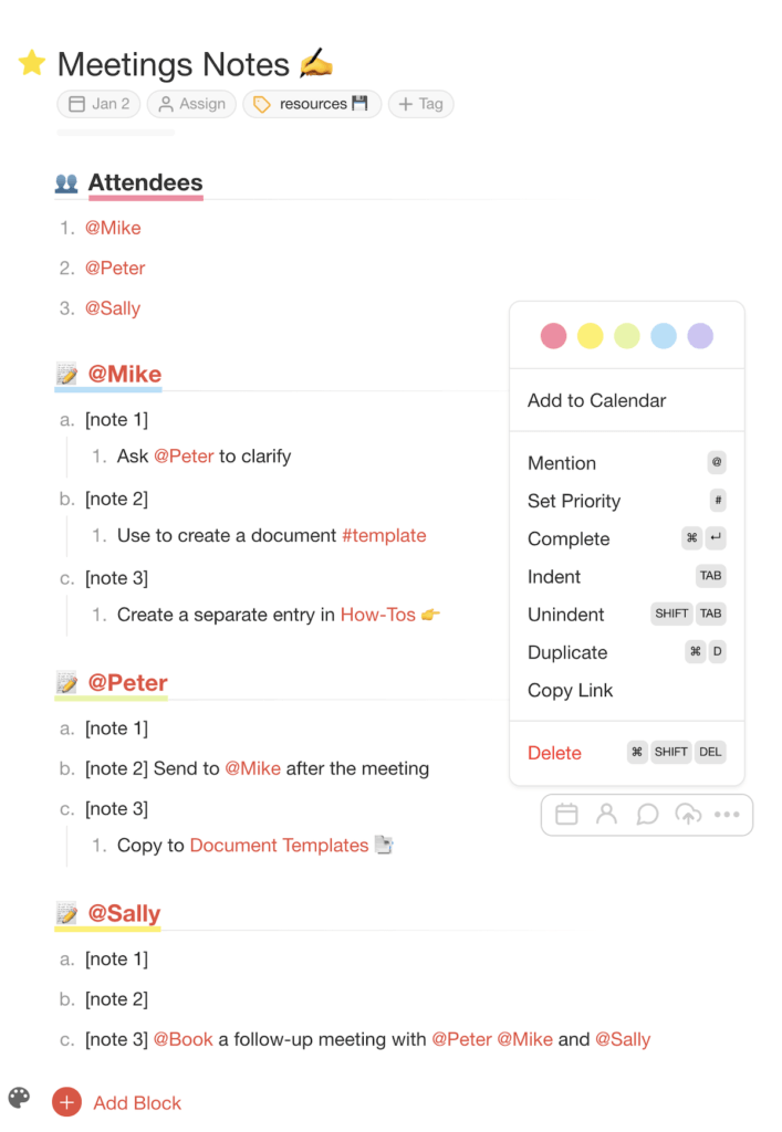 Collaborative meeting notes Project in Taskade using @mention markers, #tags, color-coded highlights, and project cross-linking.
