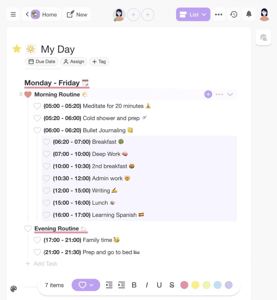 A simple daily schedule outlined in Taskade.