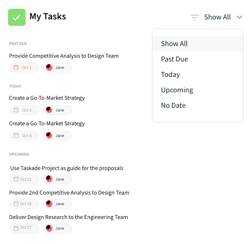 My Tasks master view in Taskade.