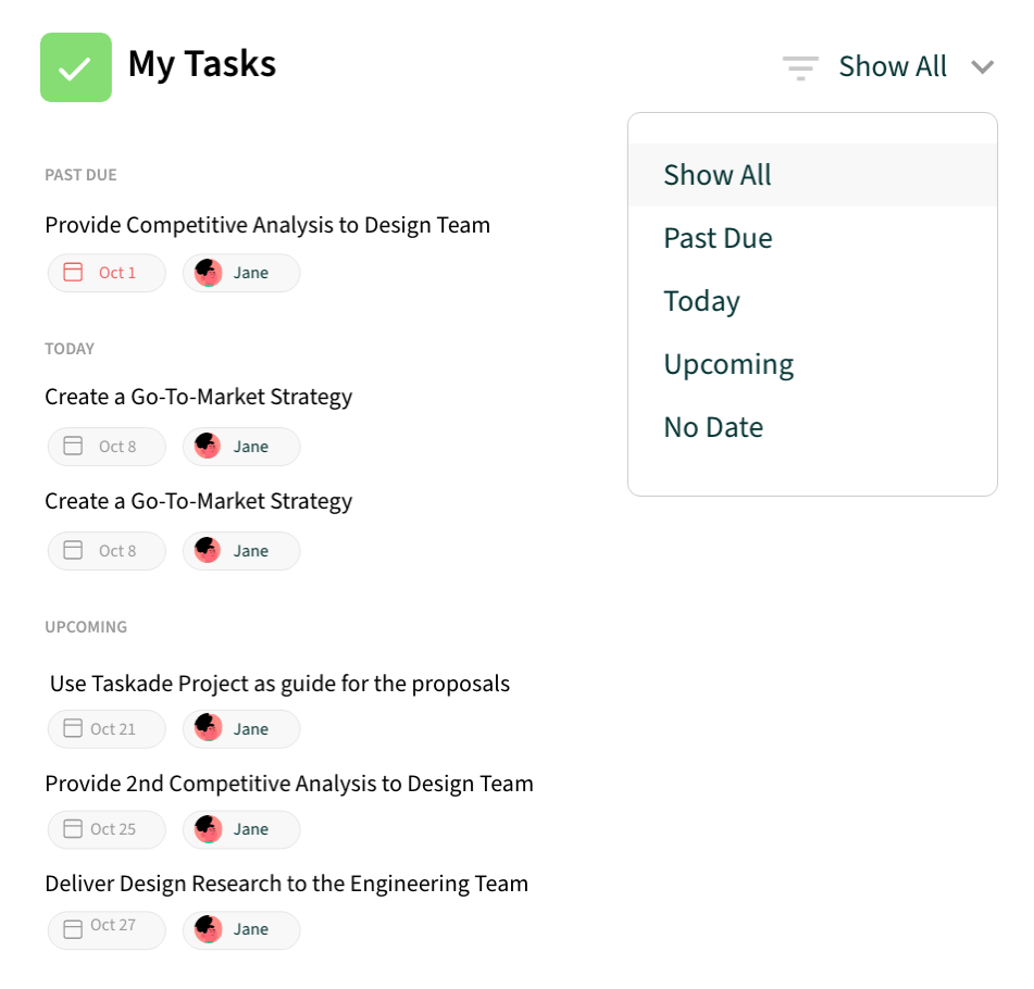 My Tasks master view in Taskade.