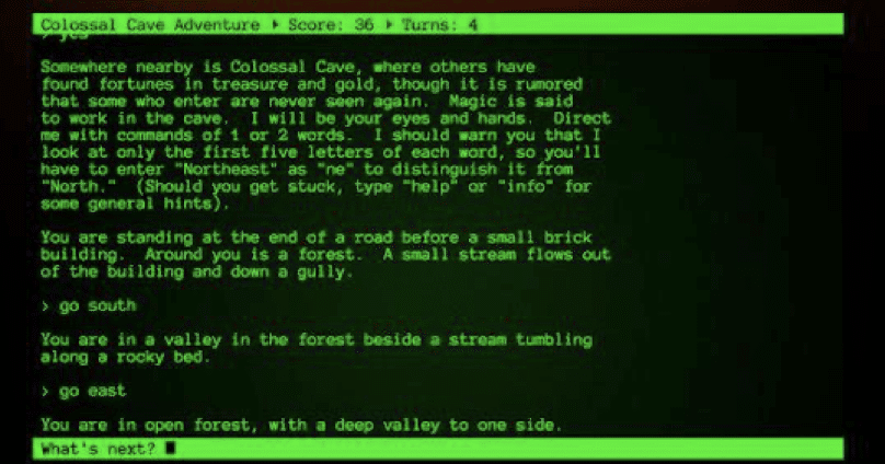 A screenshot from Colossal Cave Adventure text-based adventure game by Willian Crowther.