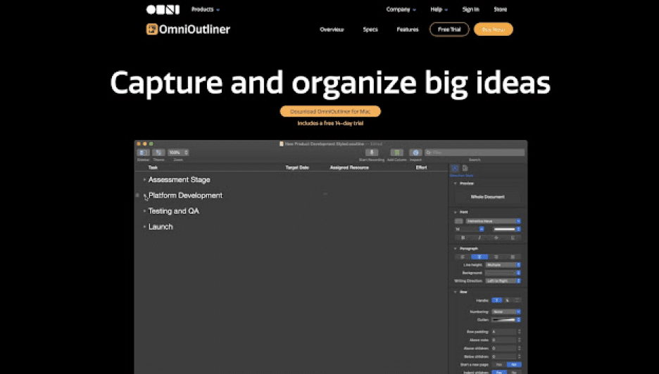 OmniOutliner user interface.