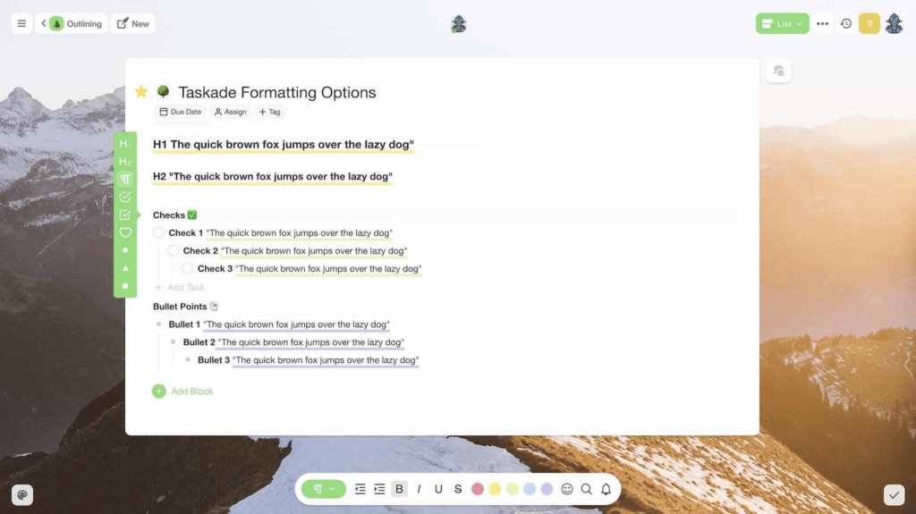 Taskade formatting options/signifiers.