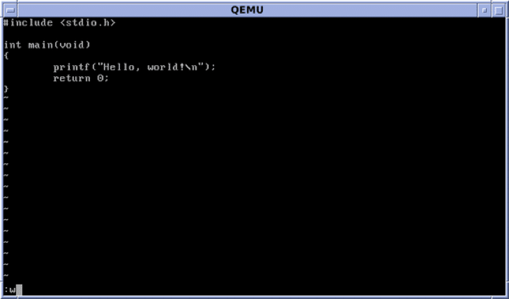 "Hello World" program in the vi editor..