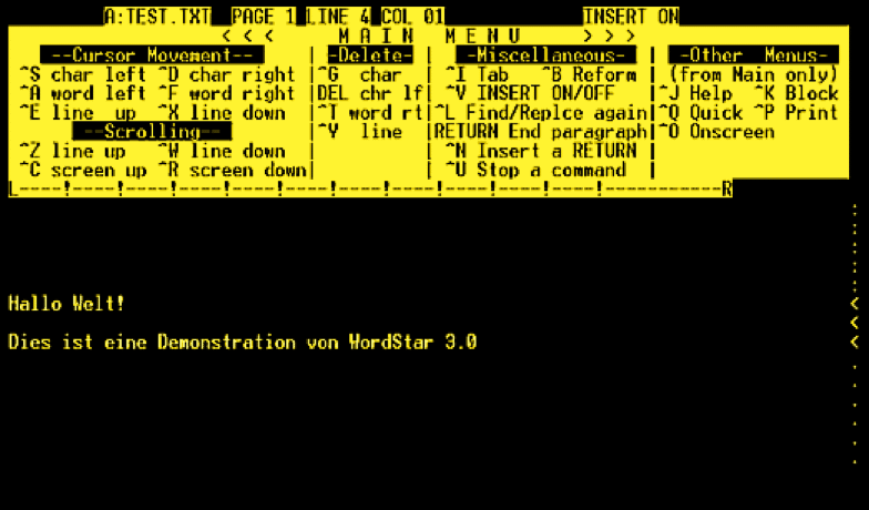 WordStar text editor user interface.