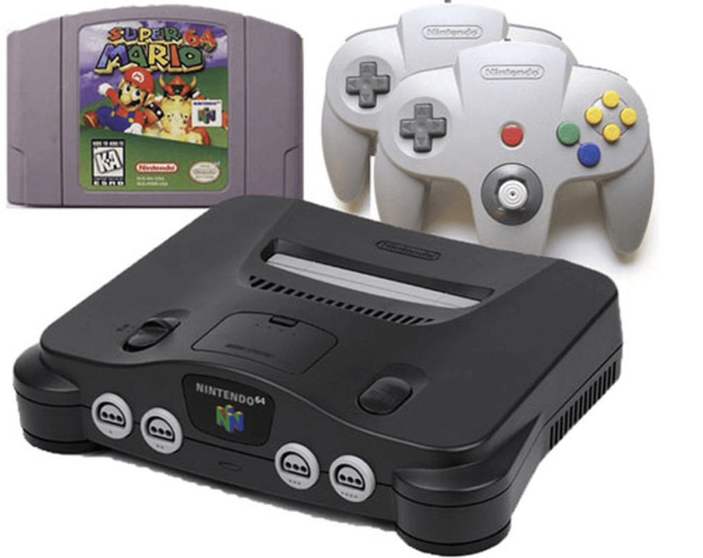 Nintendo 64 with a Super Mario 64 cart and two controllers.