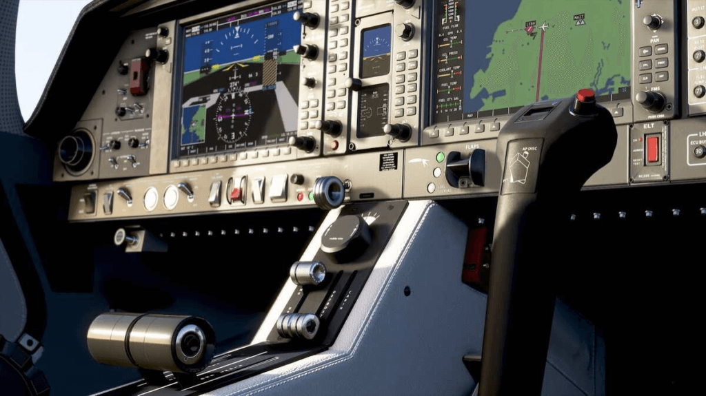 Plane cockpit interior in Microsoft Flight Simulator (2020).