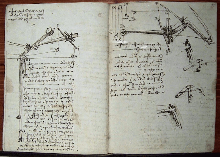 A page from Leonardo da Vinci's notebook at the Detroit Science Center.
