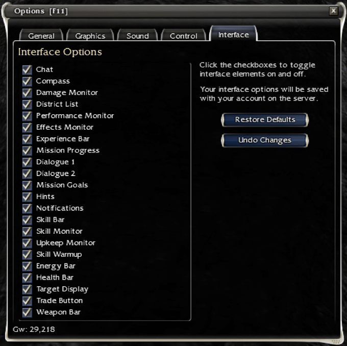 Guild Wars UI customization screen by ArenaNet.