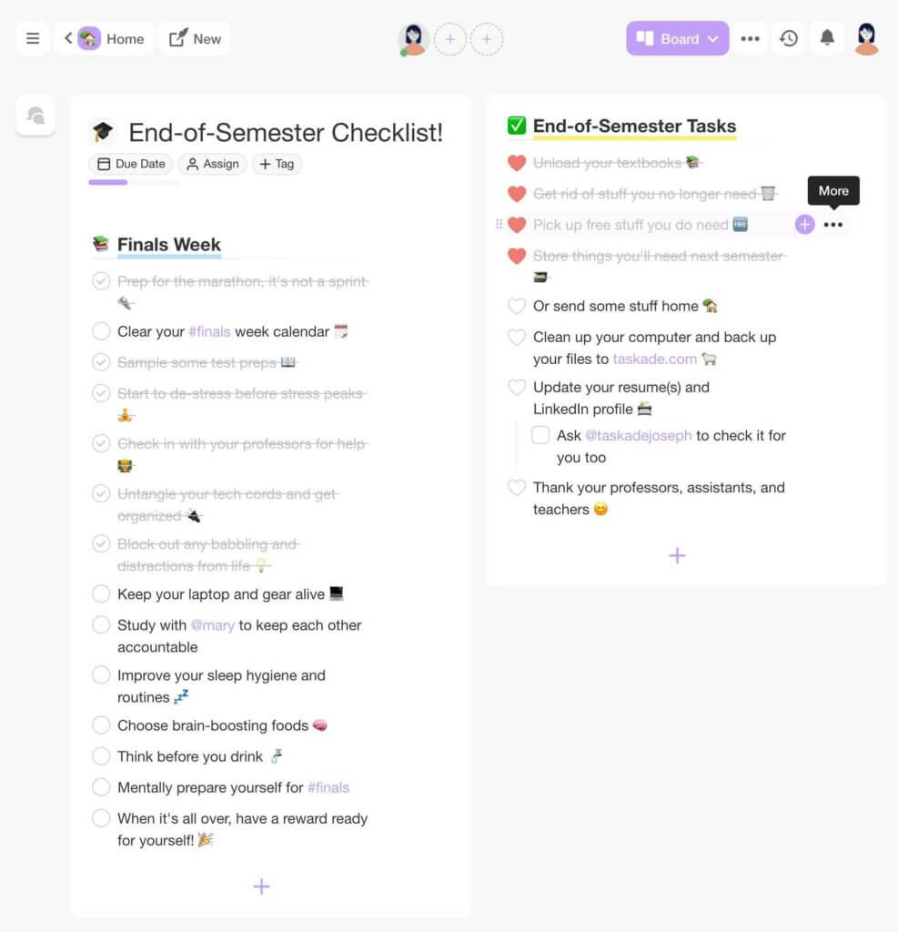 A reusable checklist in Taskade’s Board view.