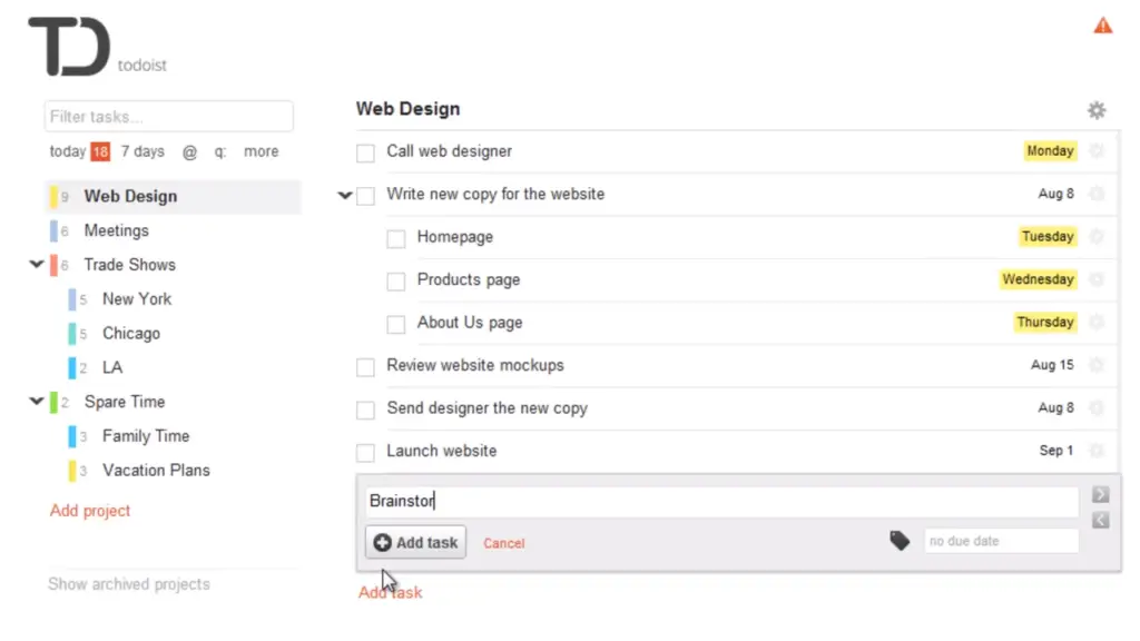 Todoist user interface after adopting HTML5.