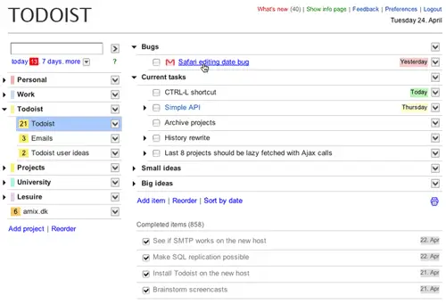 Todoist user interface in 2007.