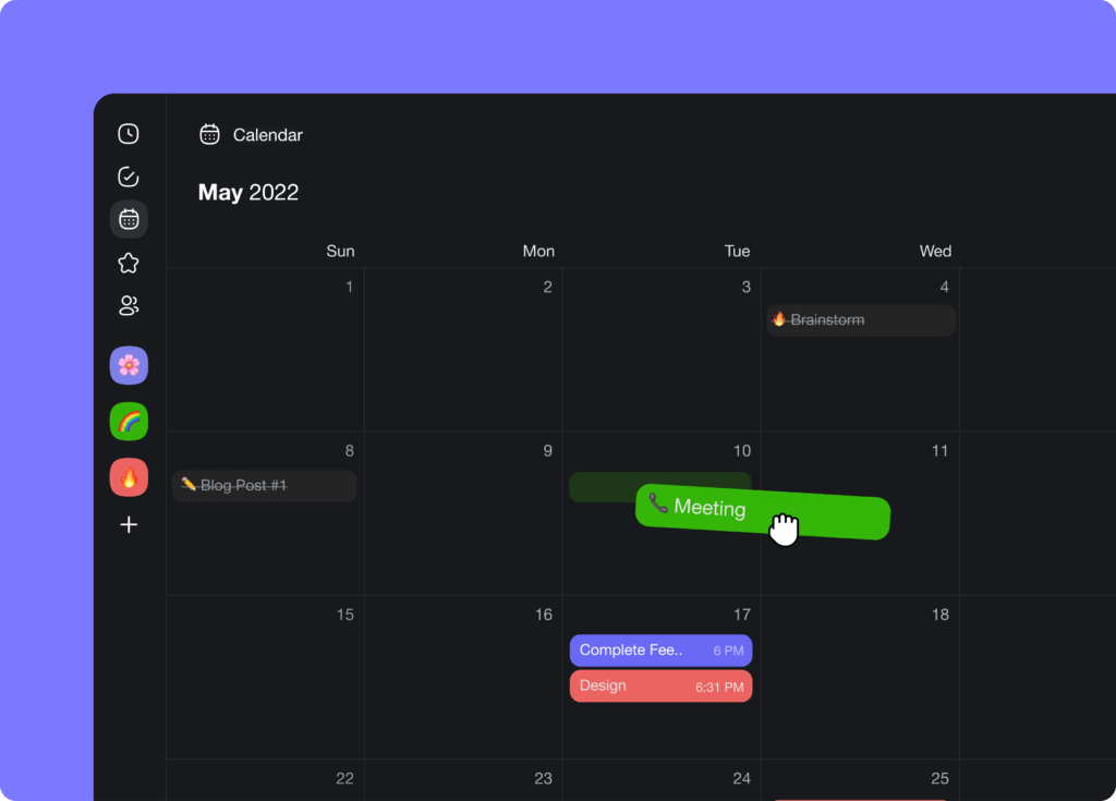 The Taskade Calendar with examples of tasks in a Waterfall project.