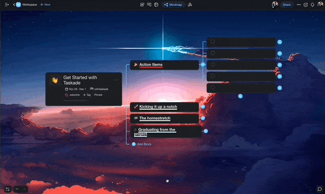 Taskade Mind Map view with the Sidebar menu visible on the left.