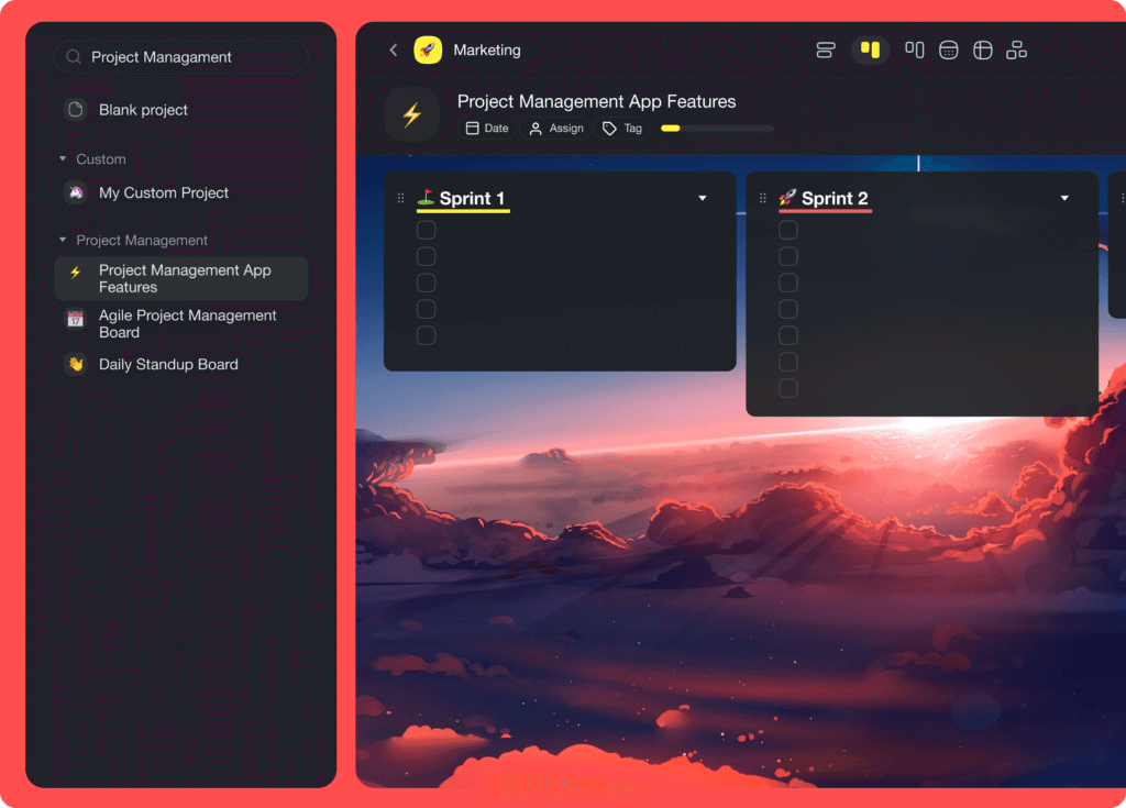 A Kanban board template in Taskade.