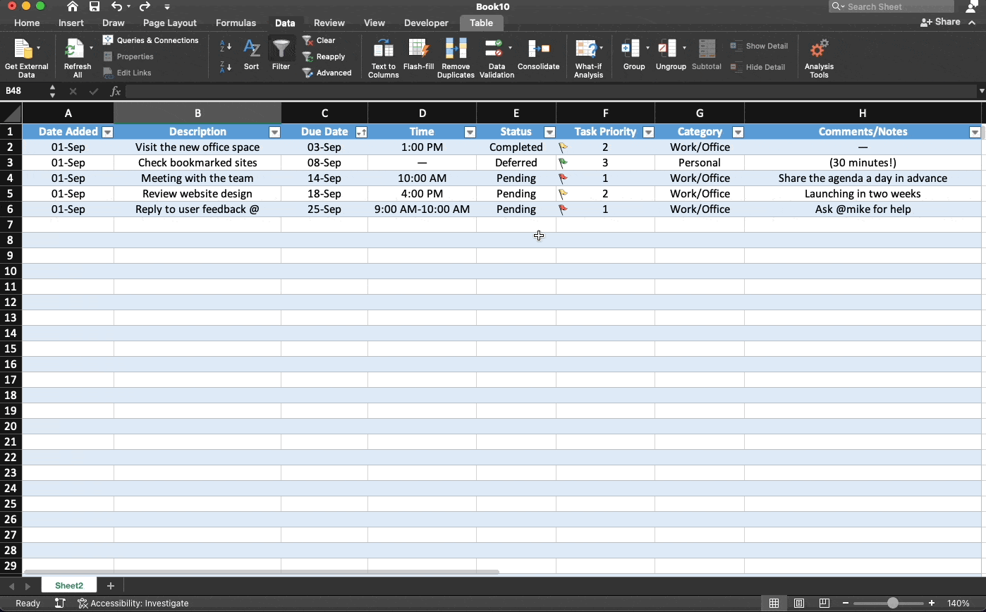 Enabling Data Validation for selected cells in an Excel spreadsheet.