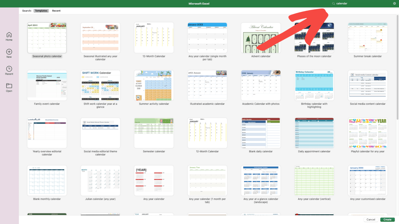 A calendar template in Excel.