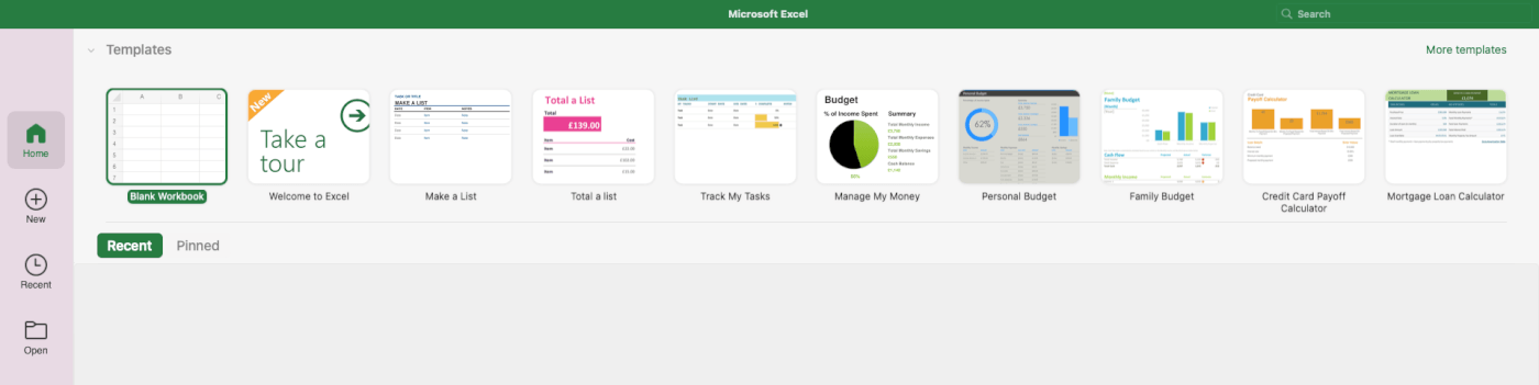 Excel workbook creation menu.