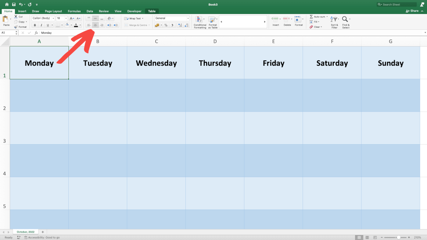 A calendar in Excel with days of the week at the top.