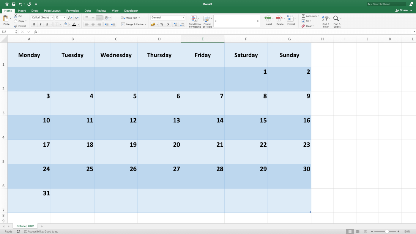 A calendar for October 2022 created in Excel.