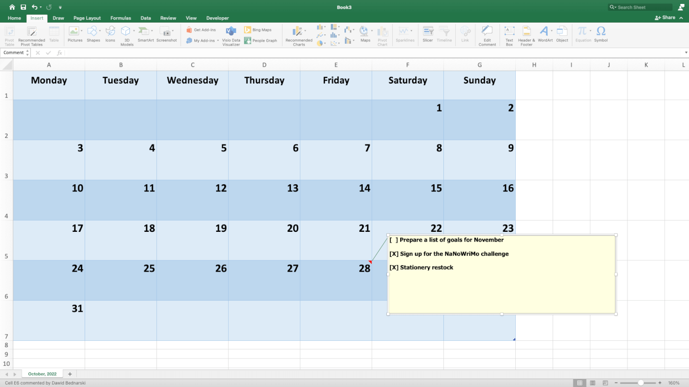 A new comment in an Excel calendar.