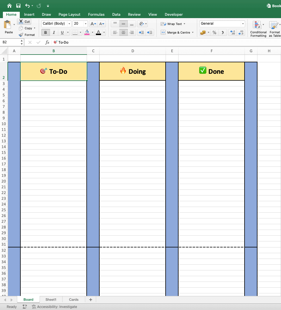 An empty Kanban board in Excel.