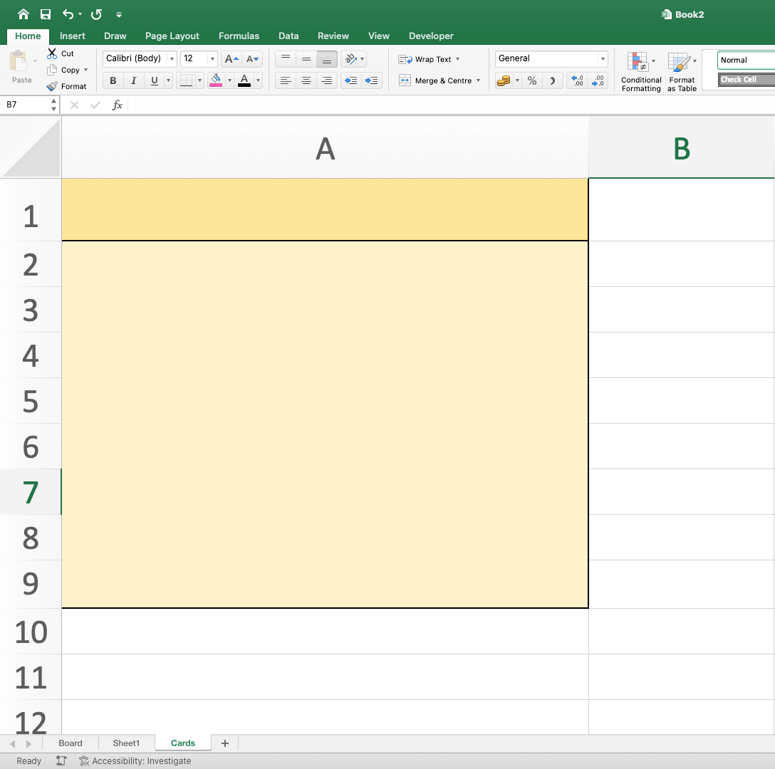 A yellow Kanban card in an excel worksheet.