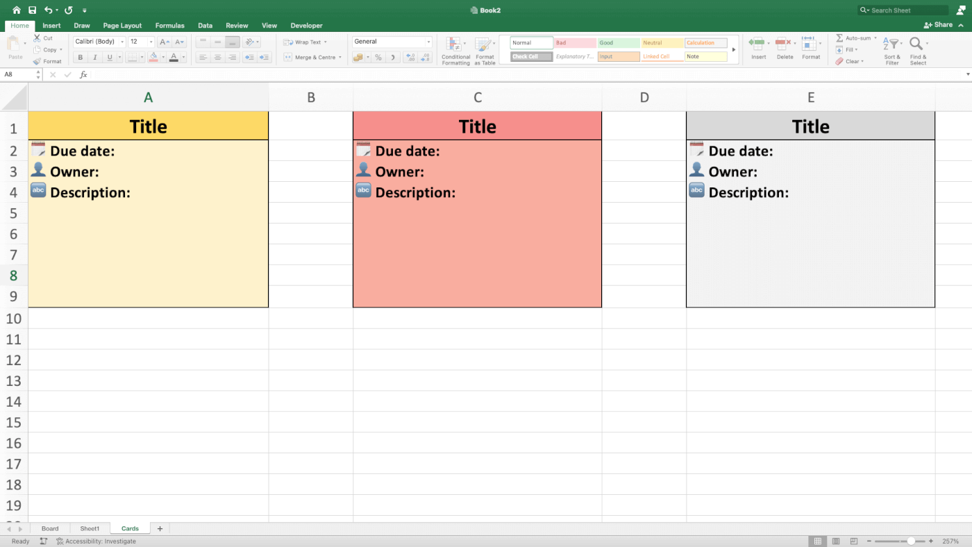 Three Kanban cards in an Excel worksheet.