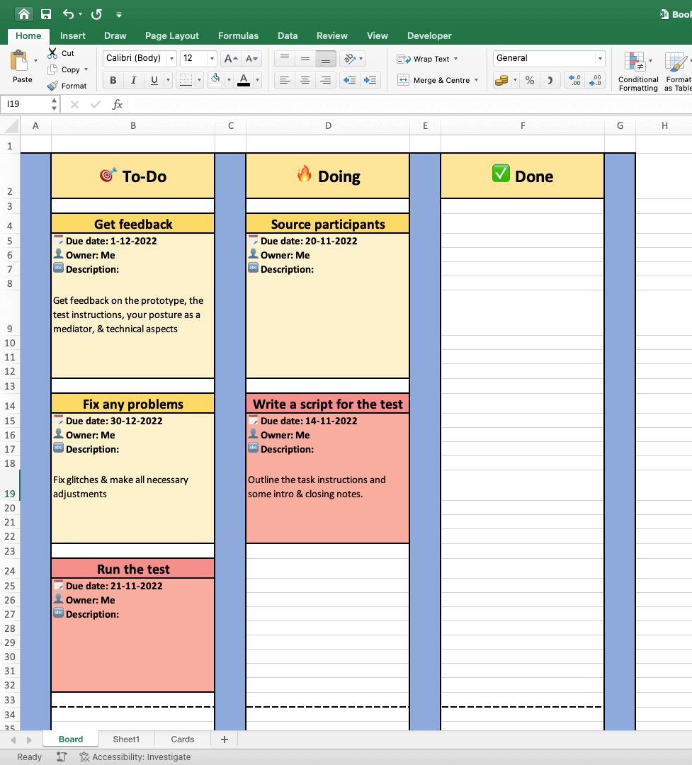 A complete Kanban board in an Excel spreadsheet including labels, columns, cards, and a swimlane.