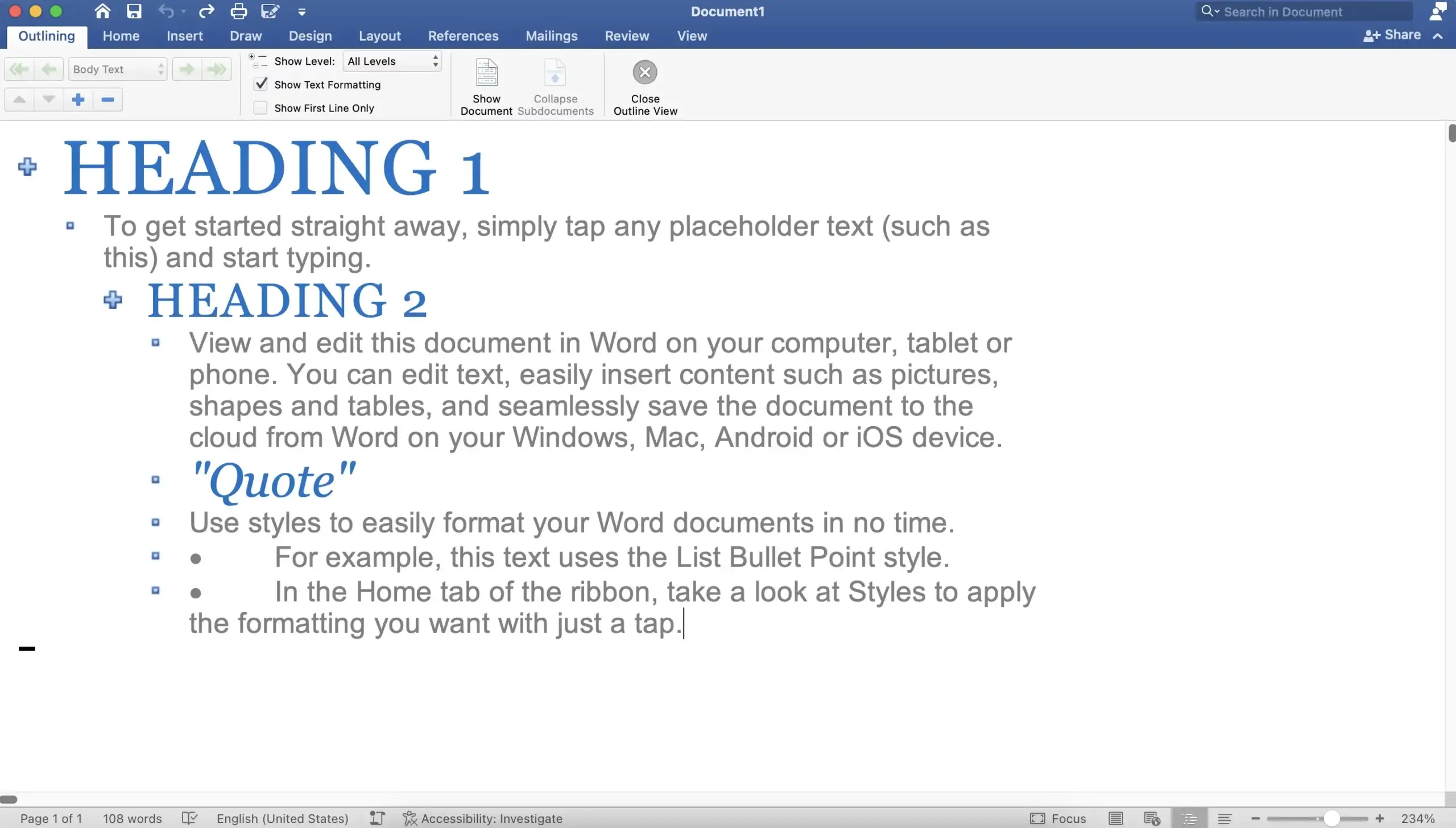 An outline in Microsoft Word.