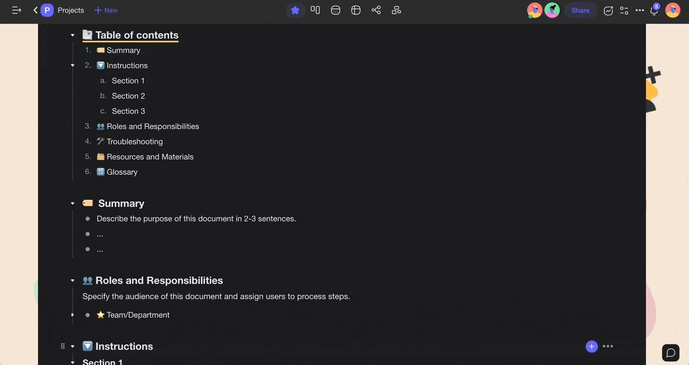 Table of contents in a Standard Operating Procedure document.