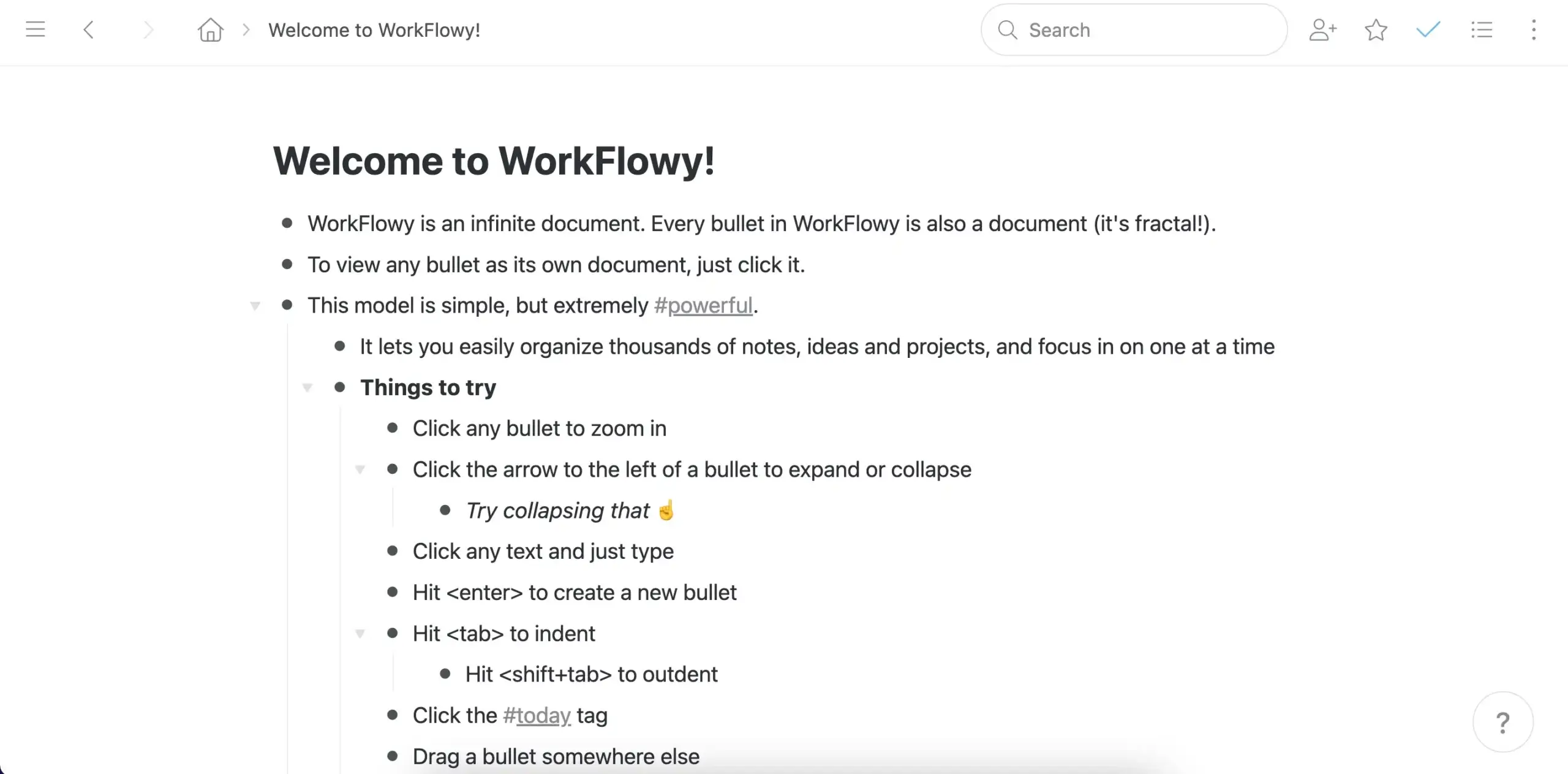 An outline in Workflowy.