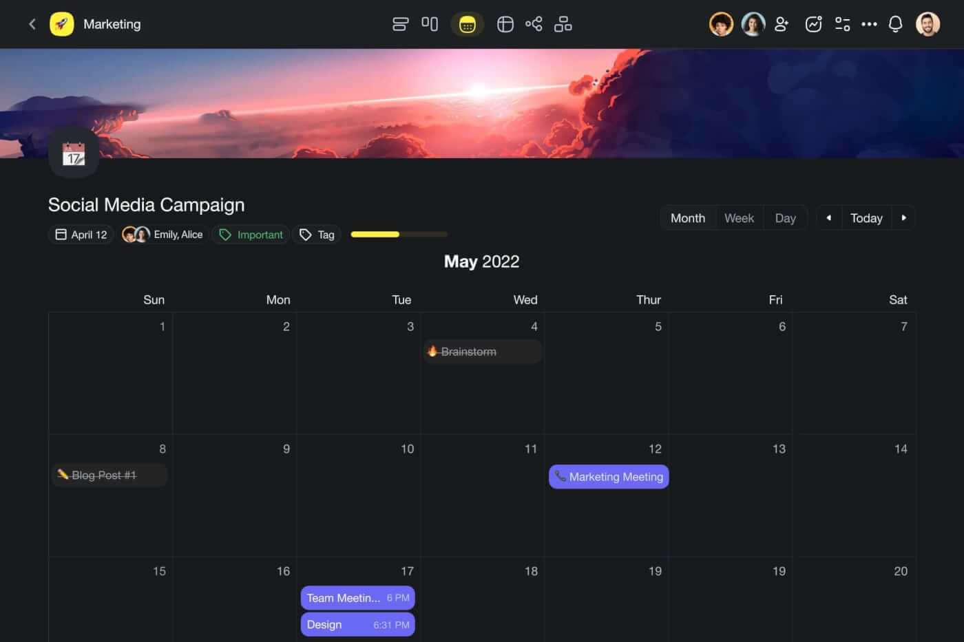 Taskade user interface in the Calendar view.