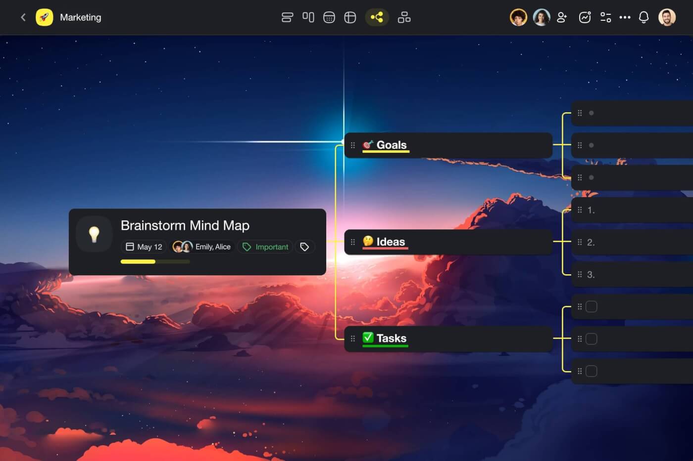 Taskade user interface in the Mind Map view.