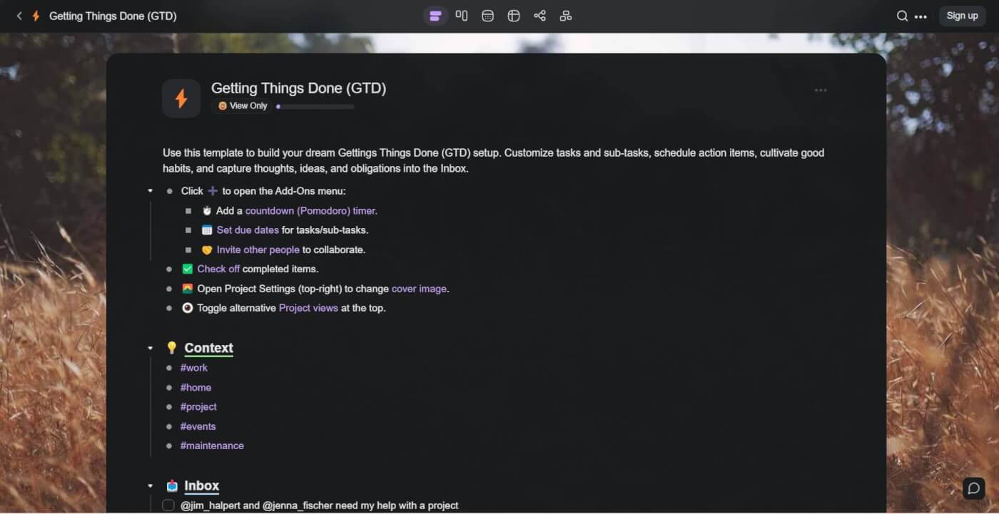 A Getting Things Done template in Taskade.