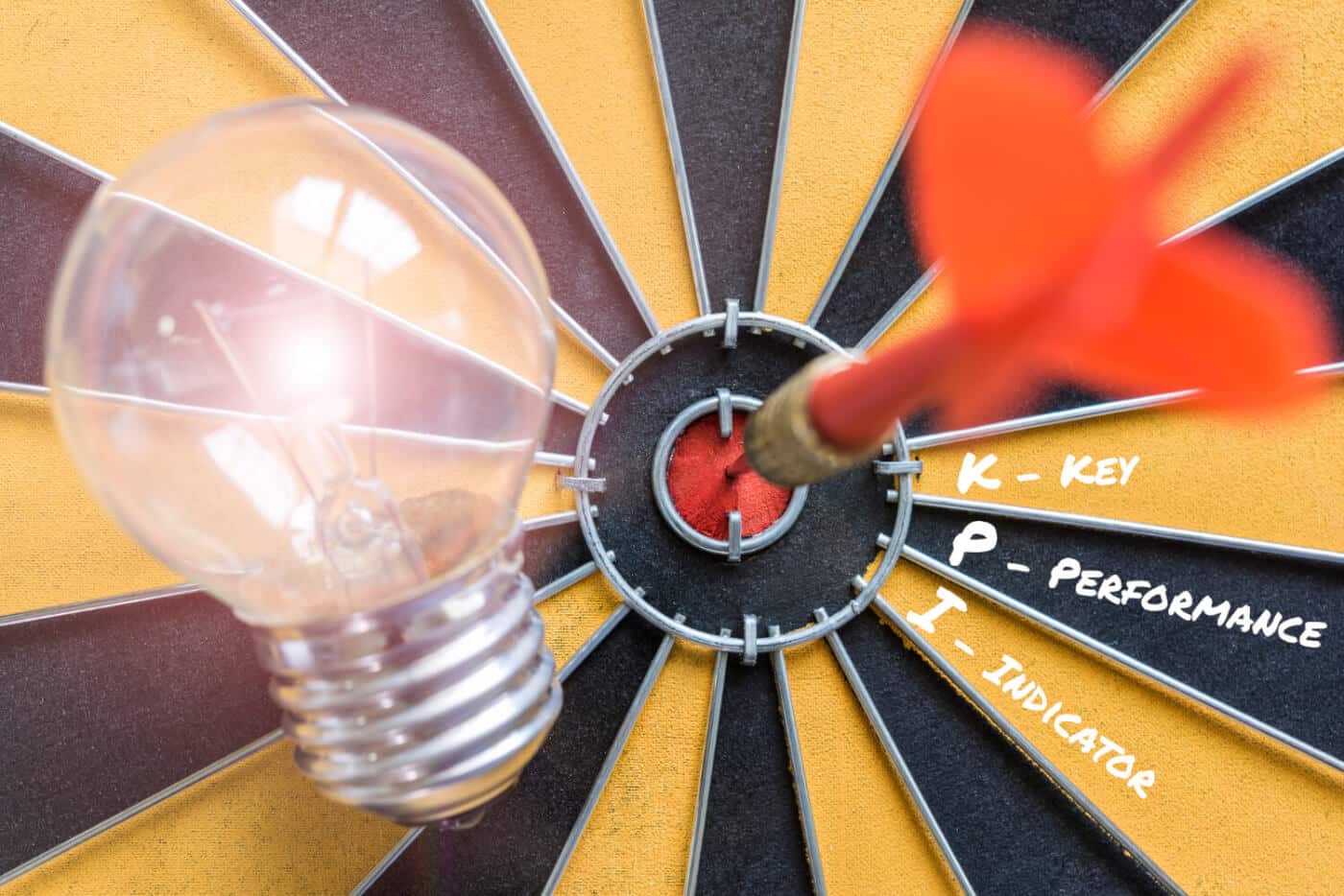 A dartboard with a light bulb and a "KPI, Key, Performance, Indicator" text in the center.