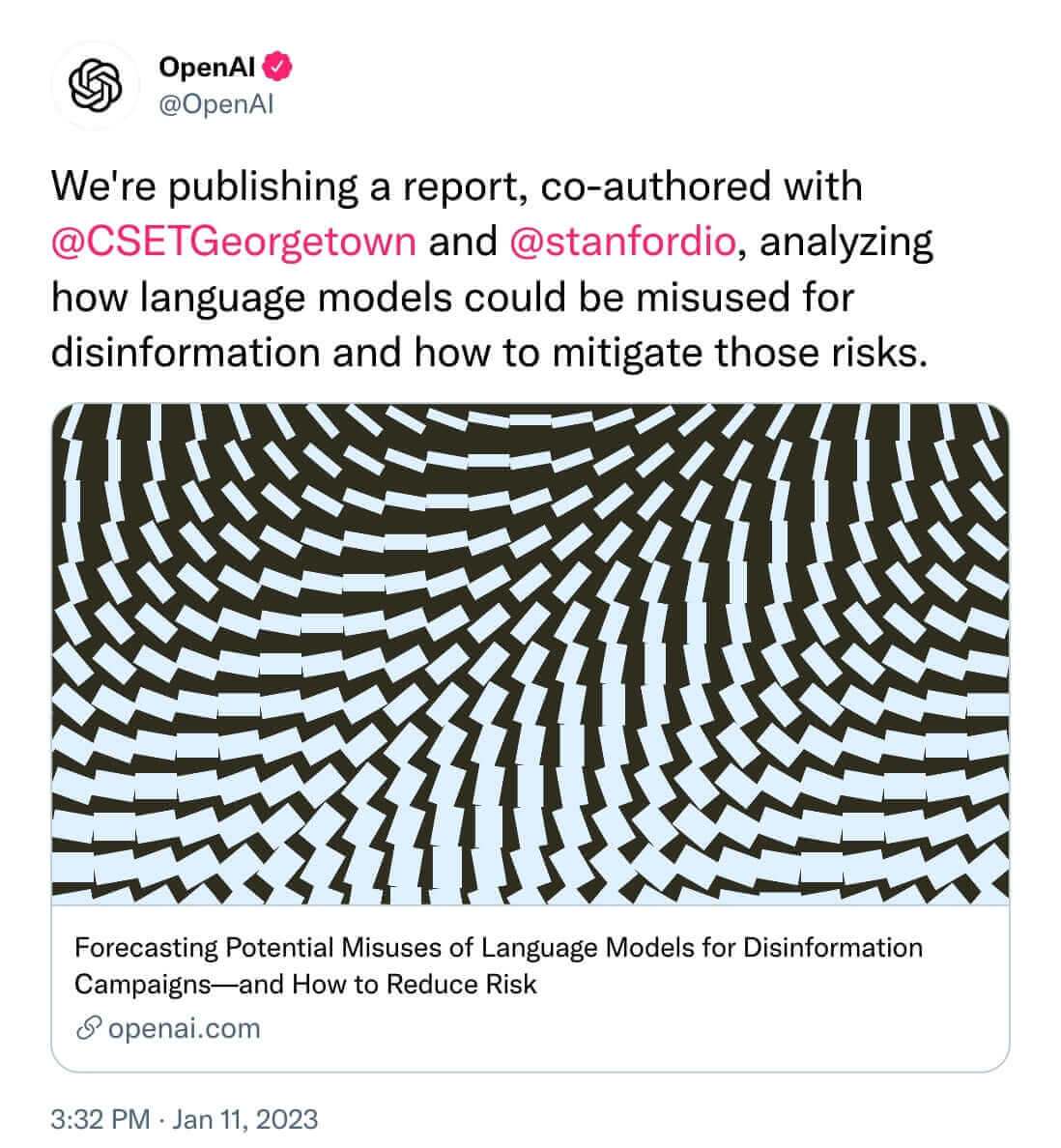 A tweet by @OpenAI announcing a report on potential misuses of language models.