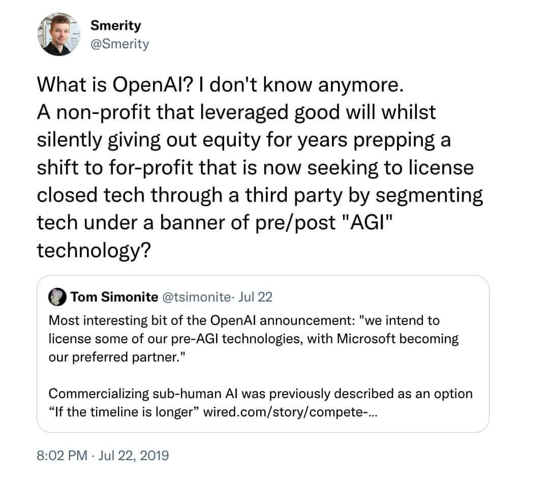 A tweet @Smerity criticizing OpenAI's 2019 restructuring.