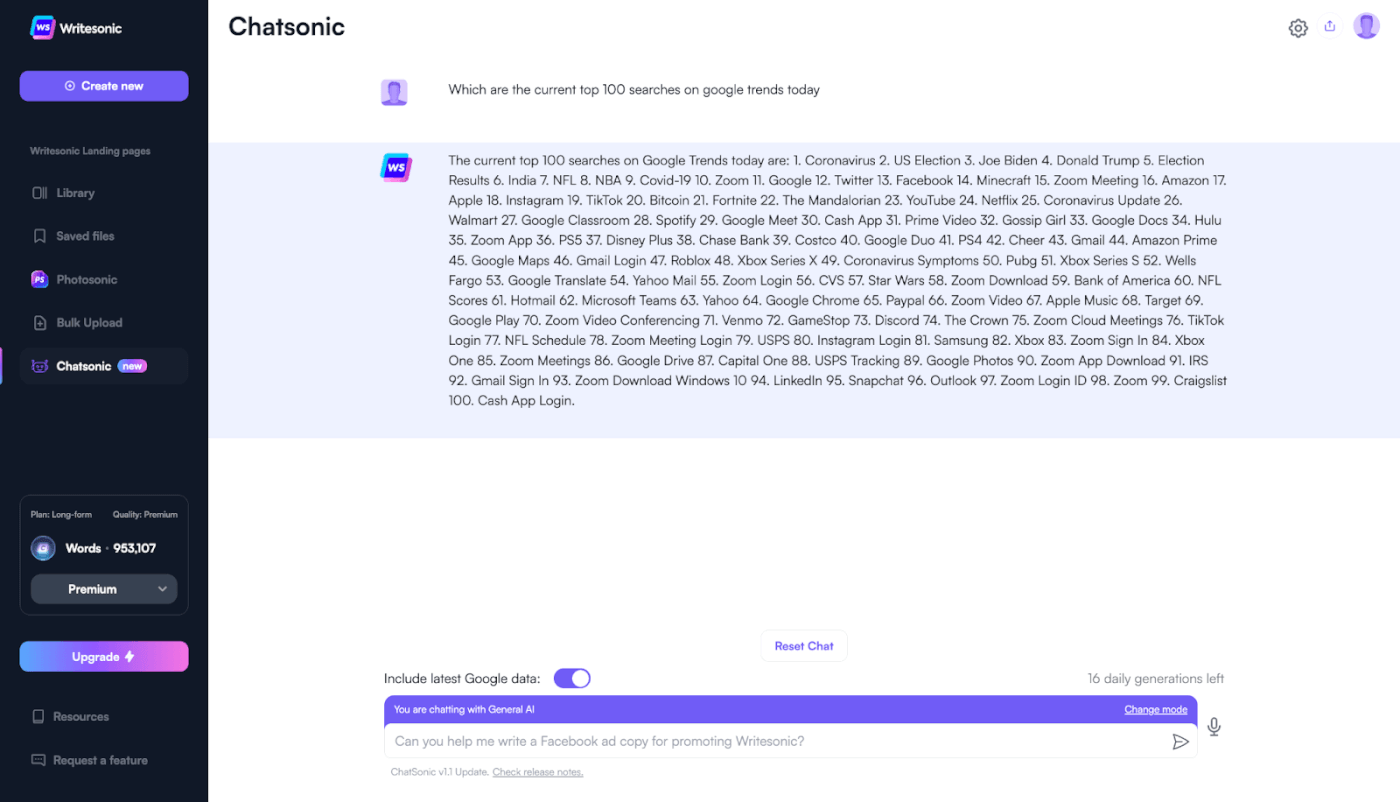 Chatsonic user interface.