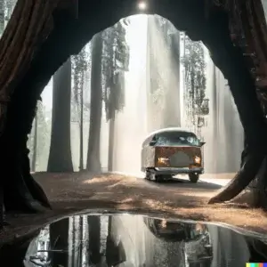 An AI-generated painting depicting avintage Volkswagen camper parked in a lush forest, with its front facing the entrance of a cave. 